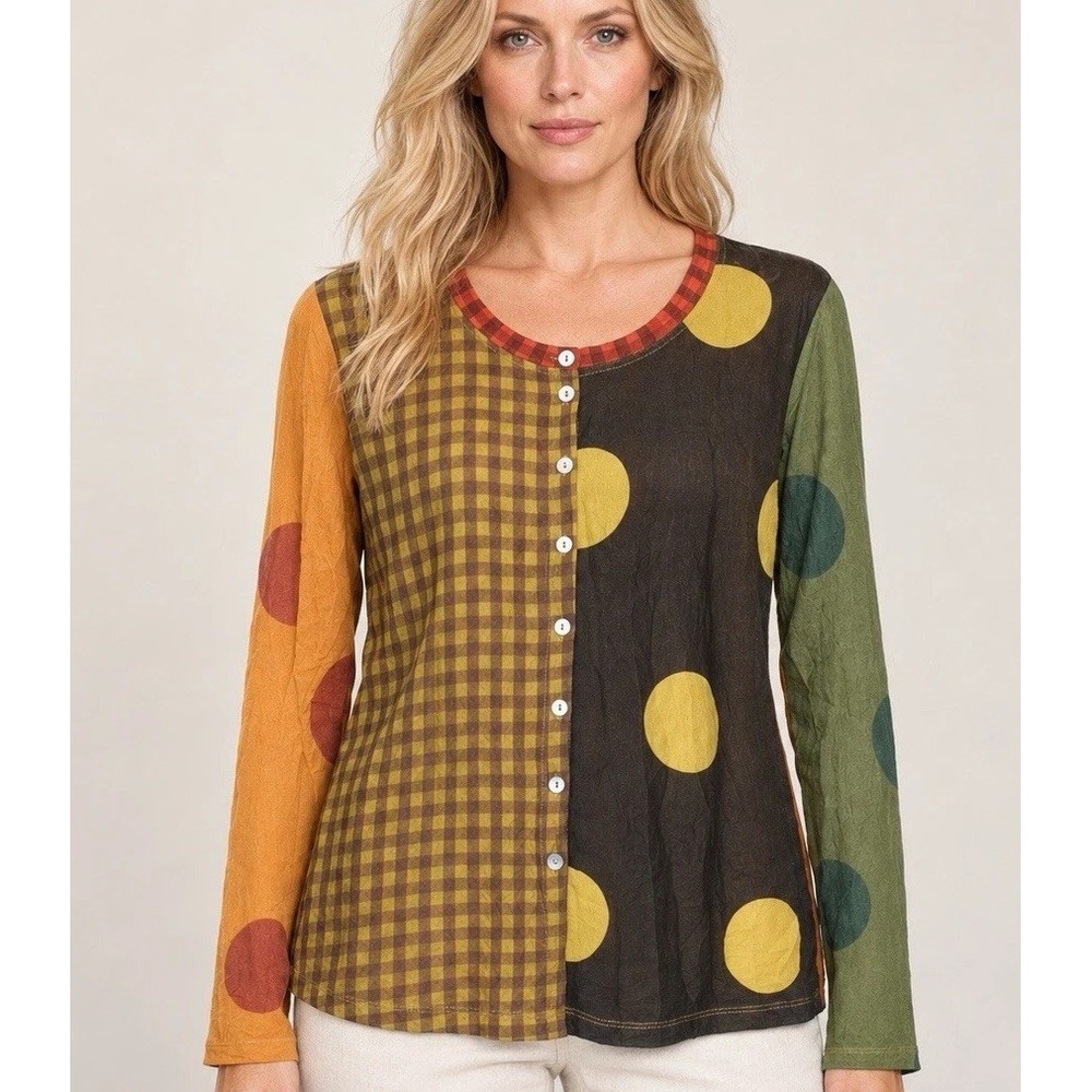 Alembika Button Up Top Mixed Print Polka Dot Check Button Front Artsy Size 10-12